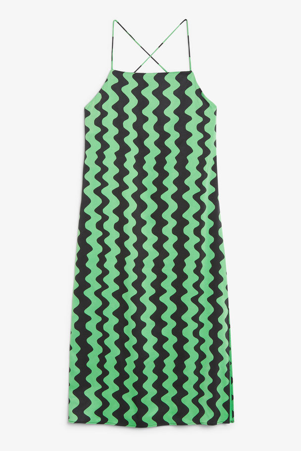 Monki Cross-back Satin Dress Green And Black Pattern