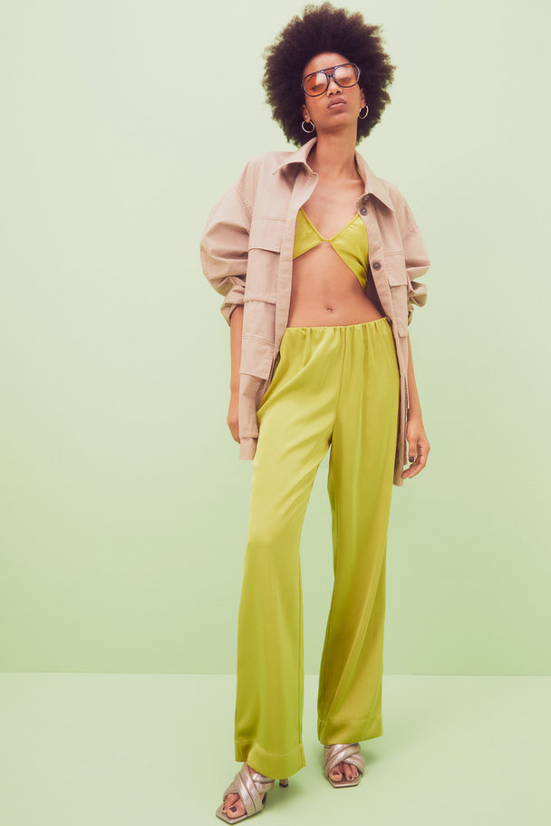 H&M Wide Satin Trousers Yellow-green