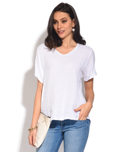 Bi-material V-neck Top With Back Pleats And Short Sleeves