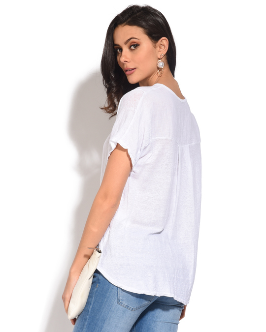 Le Jardin du Lin Bi-material V-neck Top With Back Pleats And Short Sleeves