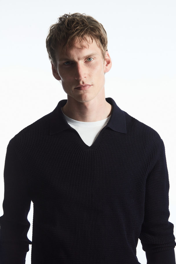 COS Waffle-knit Long-sleeve Polo Shirt Dark Navy