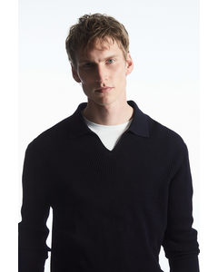 Waffle-knit Long-sleeve Polo Shirt Dark Navy