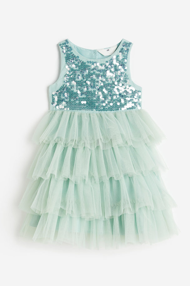 H&M Sequined Tulle Dress Light Green