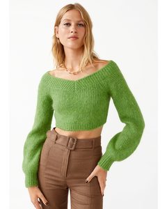 Strikket Off Shoulder Sweater I Uld Grøn