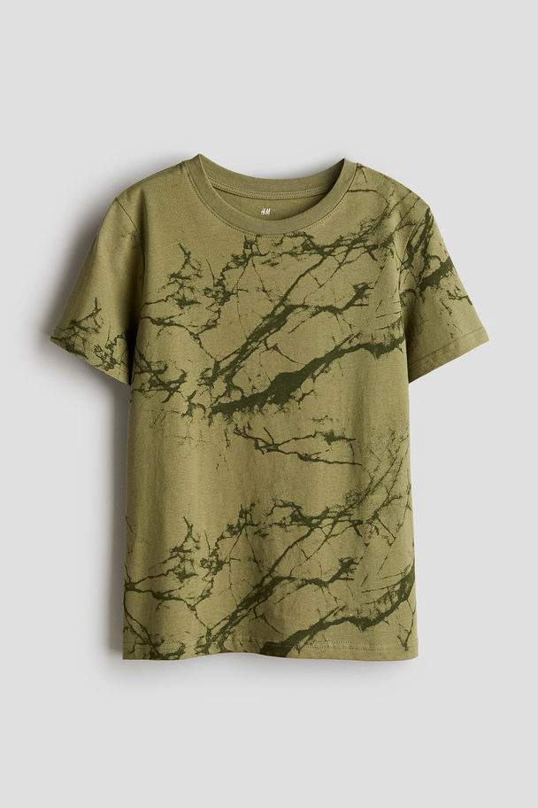 H&M T-Shirt mit Print Khakigrün/Batikmuster