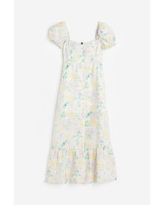 Button-front Puff-sleeved Dress Cream/floral