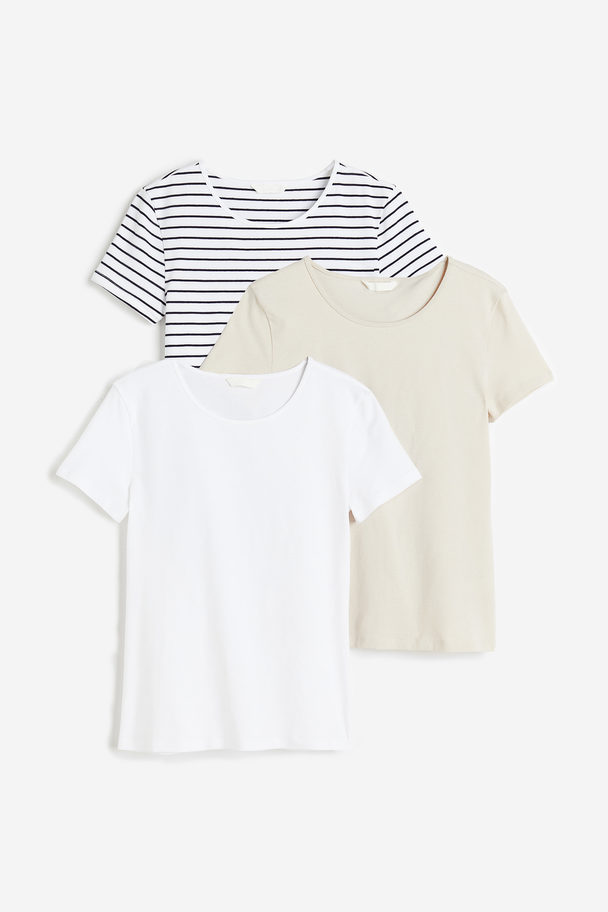 H&M 3-pack T-shirt Lys Beige/hvit/stripet