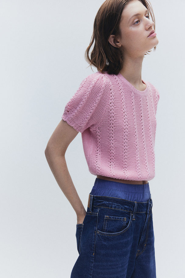 H&M Textured-knit Puff-sleeved Top Light Pink