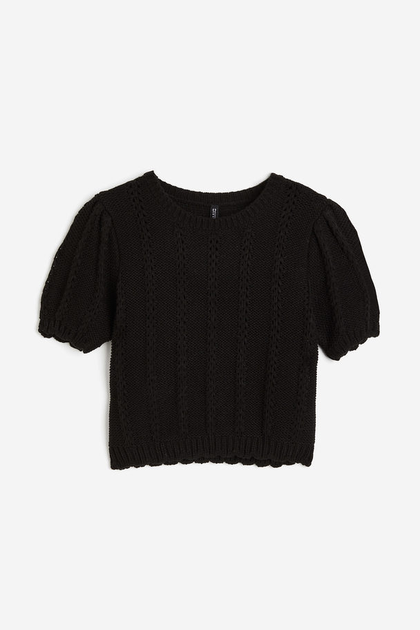 H&M Textured-knit Puff-sleeved Top Black