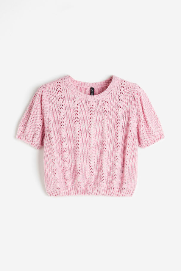 H&M Shirt aus Strukturstrick mit Puffärmeln Hellrosa