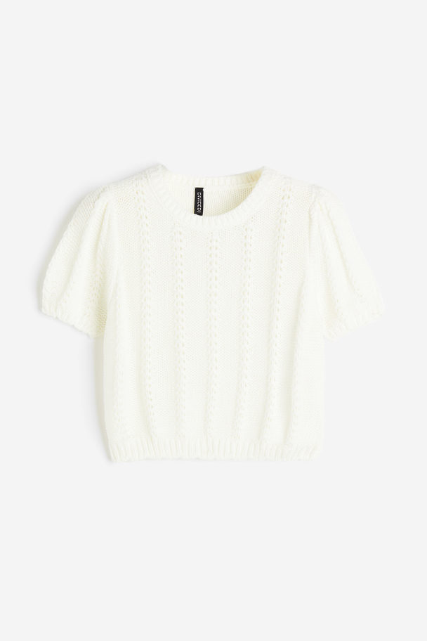 H&M Textured-knit Puff-sleeved Top Cream