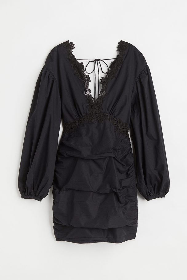 H&M Lace-trimmed Balloon-sleeved Dress Black