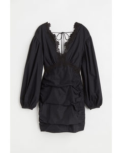 Lace-trimmed Balloon-sleeved Dress Black
