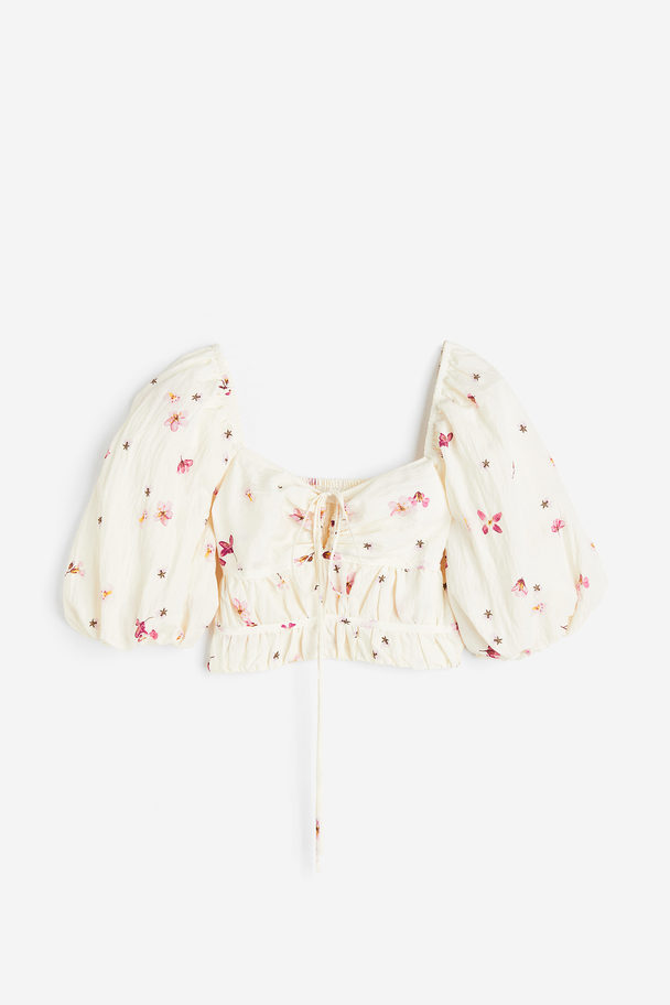 H&M Puff-sleeved Cropped Top Cream/floral