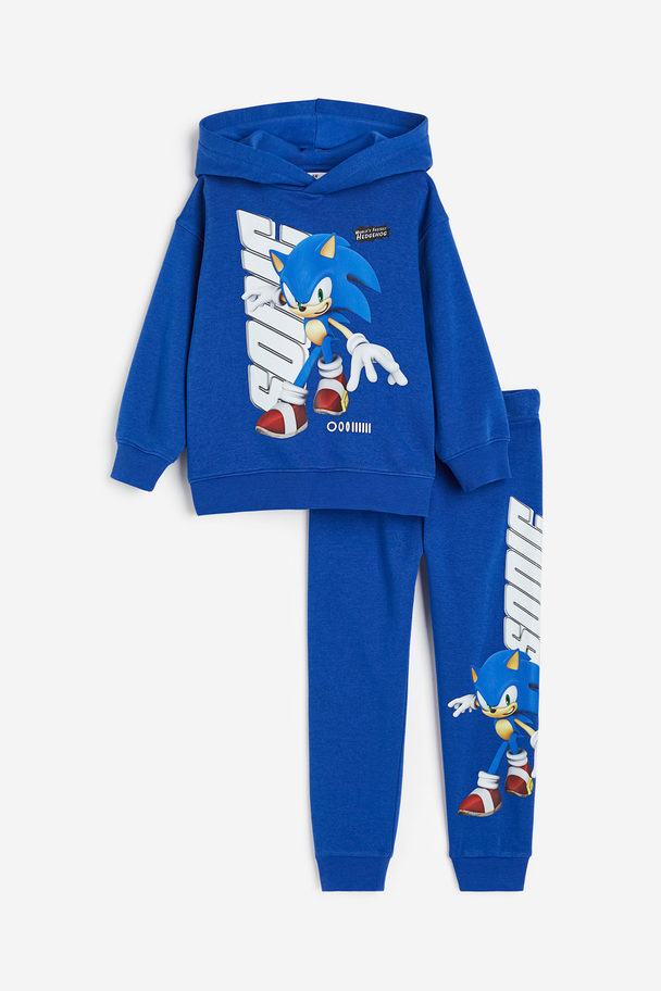H&M 2-piece Printed Sweatshirt Set Bright Blue/sonic The Hedgehog