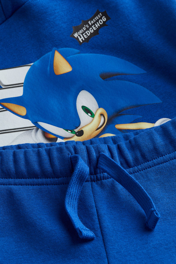 H&M 2-piece Printed Sweatshirt Set Bright Blue/sonic The Hedgehog