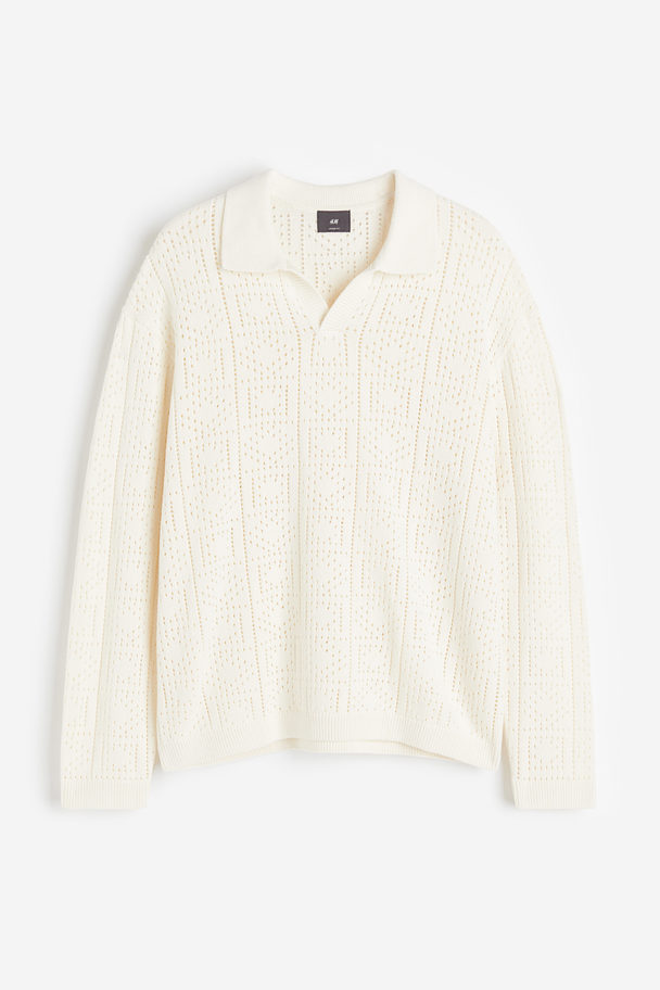 H&M Loose Fit Crochet-look Polo Shirt Cream