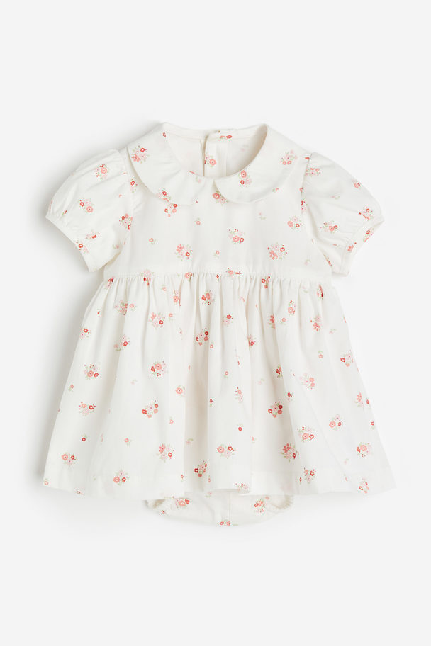 H&M Collared Bodysuit Dress White/small Flowers