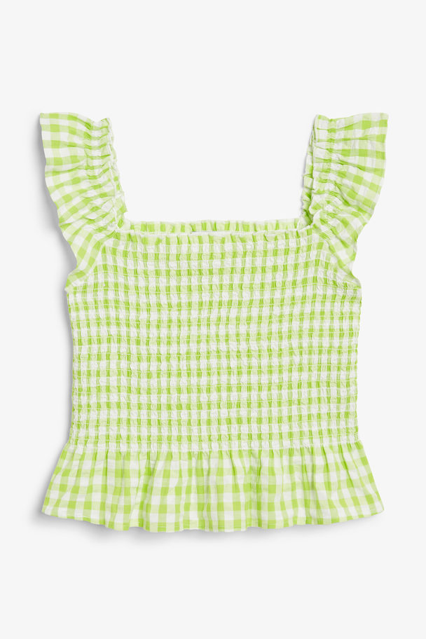 Monki Gingham Cropped Ruffled Smock Top Lime Green Gingham
