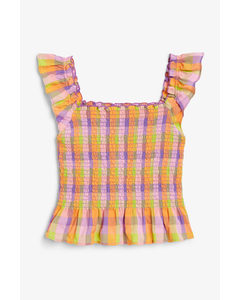 Check Cropped Ruffled Smock Top Multicoloured Check
