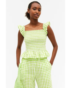 Gingham Cropped Ruffled Smock Top Lime Green Gingham