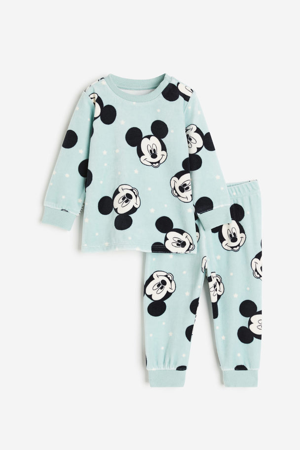 H&M Patterned Velour Pyjamas Turquoise/mickey Mouse