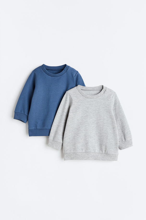 H&M 2-pak Sweatshirt I Bomuld Blå/lysegråmeleret