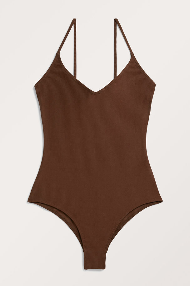 Monki Brown Ribbed Swimsuit With Slim Straps Brown