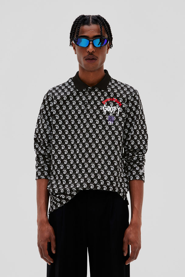 H&M Regular Fit Jacquard-knit Polo Shirt Black/disney100