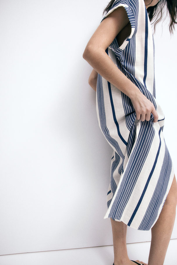 H&M Button-front Crêpe Dress White/blue Striped