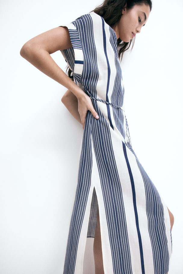 H&M Button-front Crêpe Dress White/blue Striped