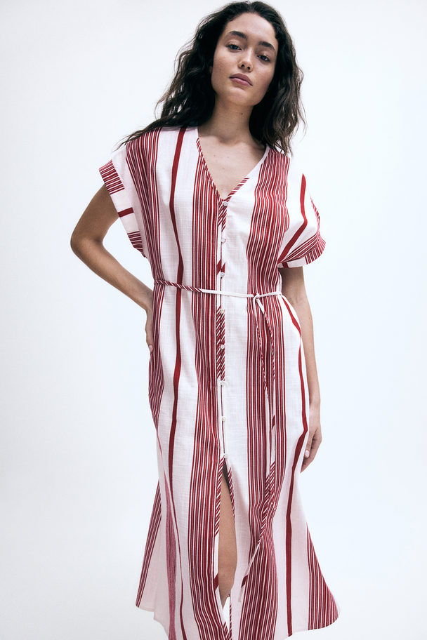 H&M Button-front Crêpe Dress White/red Striped