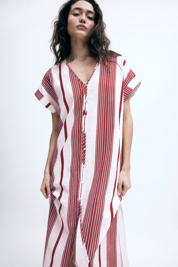 H&M Button-front Crêpe Dress White/red Striped