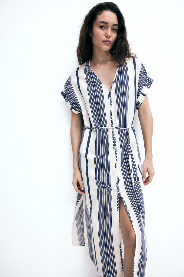 H&M Button-front Crêpe Dress White/blue Striped