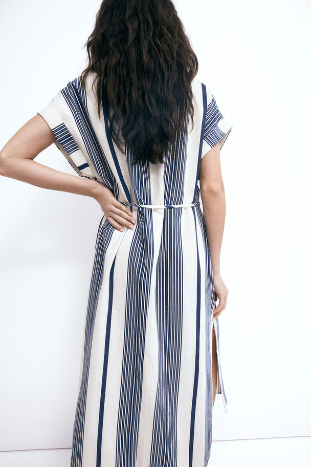 H&M Button-front Crêpe Dress White/blue Striped