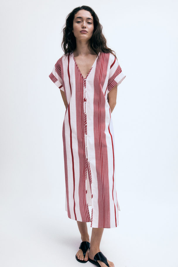 H&M Button-front Crêpe Dress White/red Striped