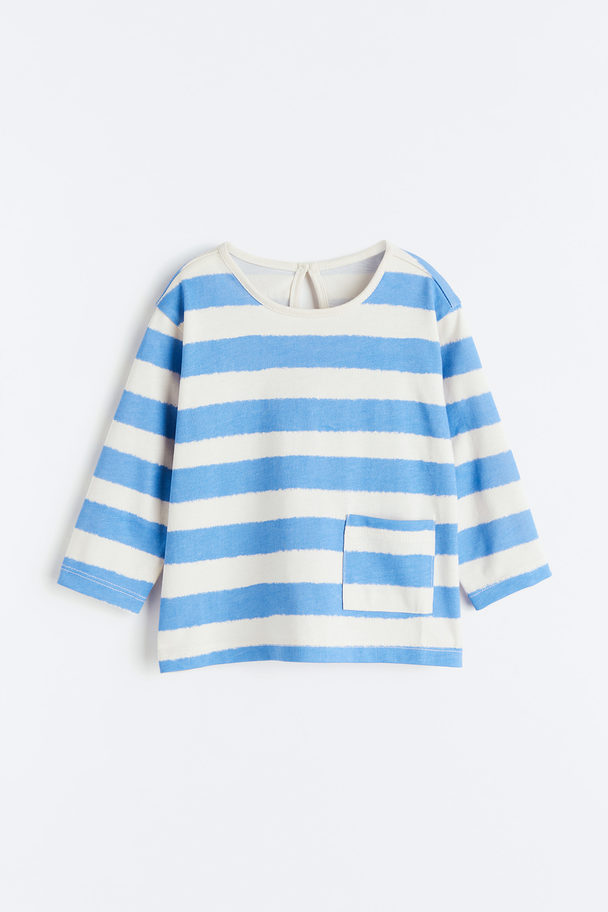 H&M Long-sleeved Cotton Top Light Blue/white Striped