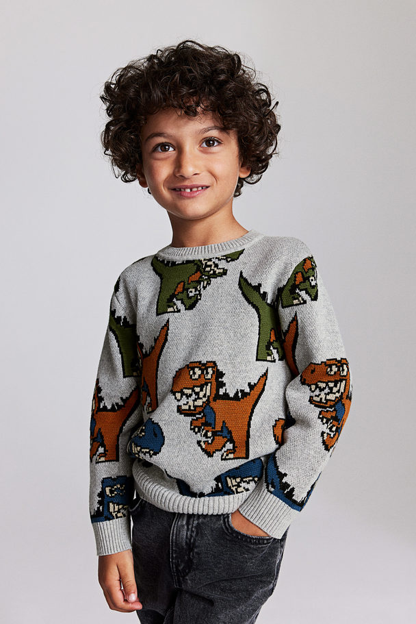 H&M Jacquard-knit Jumper Grey/dinosaurs