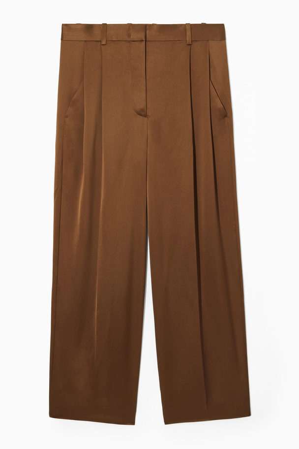 COS Wide-leg Pleated Satin Trousers Brown