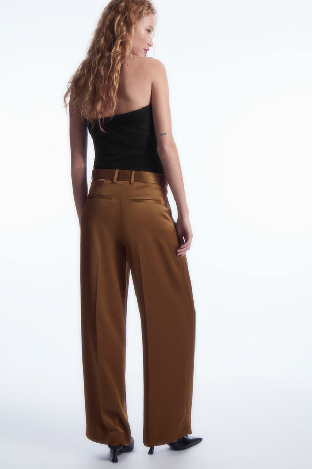 COS Wide-leg Pleated Satin Trousers Brown