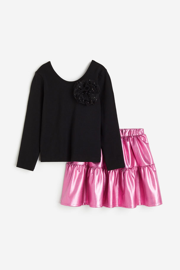 H&M 2-piece Top And Skirt Set Black/pink