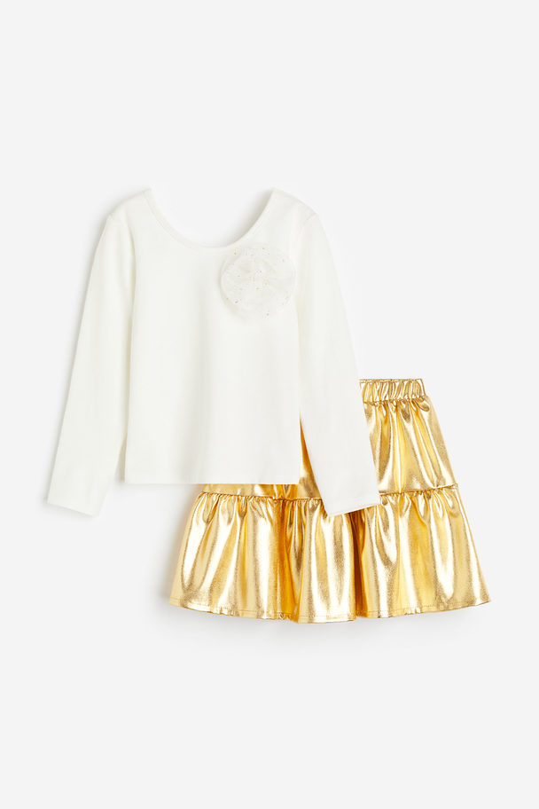 H&M 2-piece Top And Skirt Set White/gold-coloured