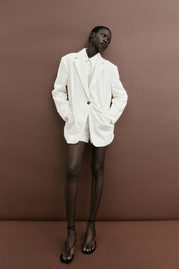 H&M Oversized Blazer mit Broderie Anglaise Weiß
