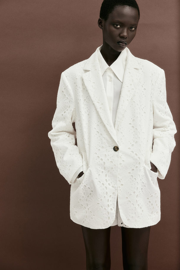 H&M Oversized Blazer mit Broderie Anglaise Weiß