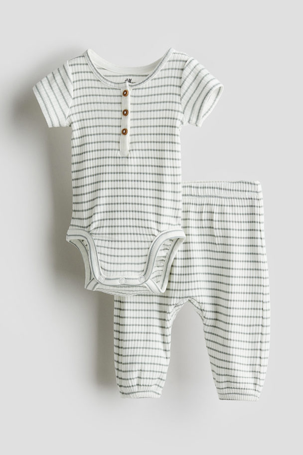 H&M 2-piece Cotton Jersey Set White/green-striped