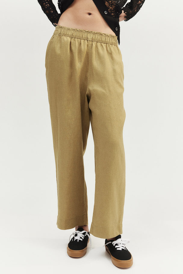 H&M Ankle-length Linen Trousers Khaki Green