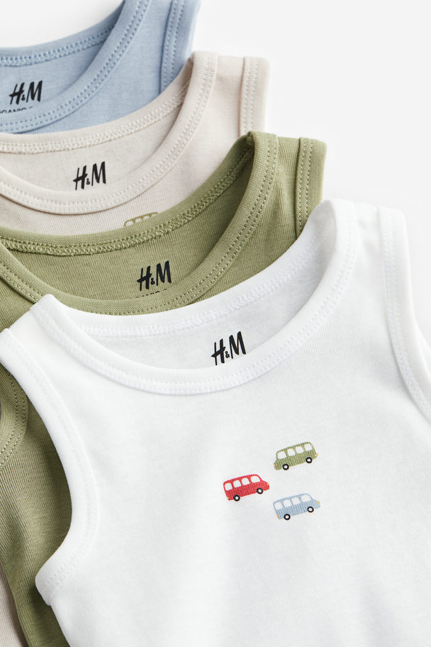 H&M 4-pack Sleeveless Cotton Bodysuits Khaki Green/buses