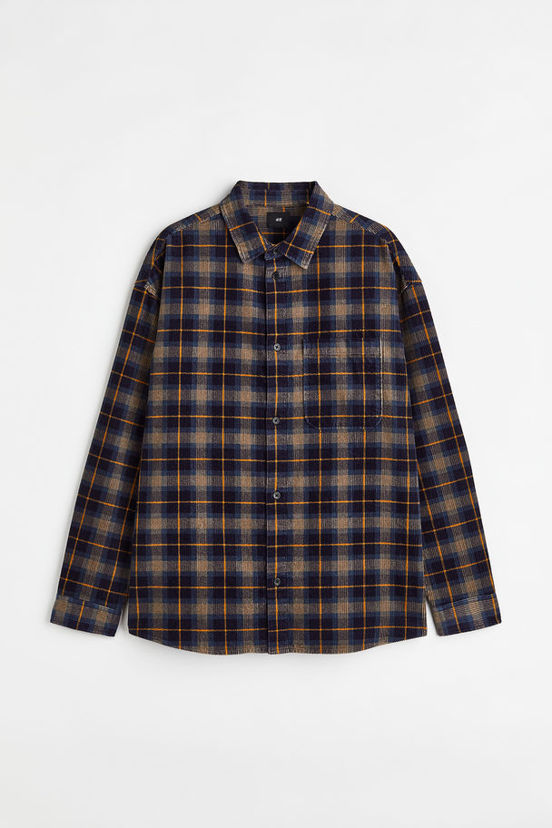 H&M Oversized Fit Corduroy Shirt Blue/beige Checked