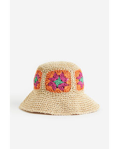 Crochet-look Straw Hat Light Beige