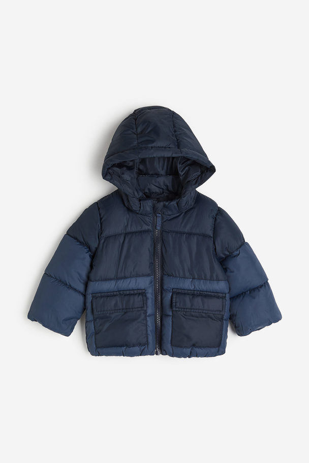 H&M Hooded Puffer Jacket Navy Blue/block-coloured